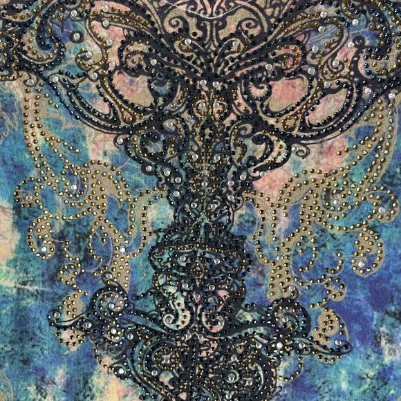 Reba Top Women 2X Burnout Southwestern Rhinestone Aztec Artsy Stretchy Abstract - Picture 4 of 14